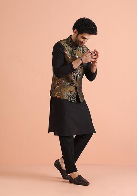 Green Woven Design Silk Blend Kurta Jacket Set