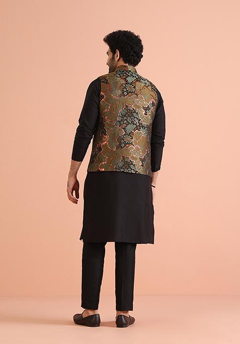 Green Woven Design Silk Blend Kurta Jacket Set