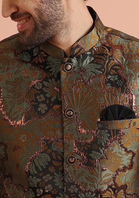 Green Woven Design Silk Blend Kurta Jacket Set