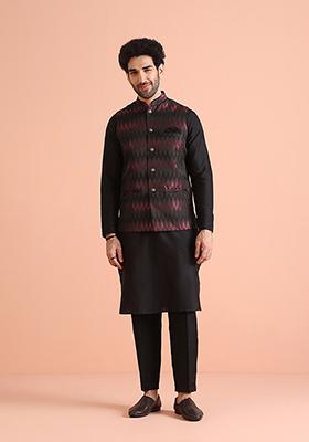 Black Woven Design Silk Blend Kurta Jacket Set