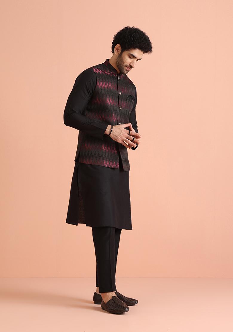 Black Woven Design Silk Blend Kurta Jacket Set - Indya