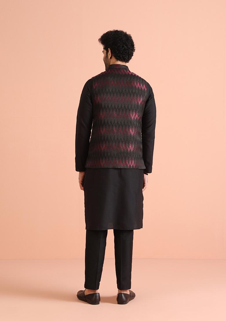 Black Woven Design Silk Blend Kurta Jacket Set