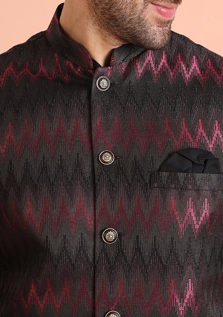 Black Woven Design Silk Blend Kurta Jacket Set