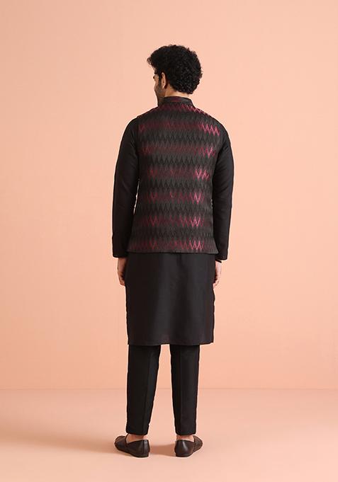 Black Woven Design Silk Blend Kurta Jacket Set