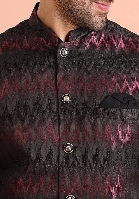 Black Woven Design Silk Blend Kurta Jacket Set