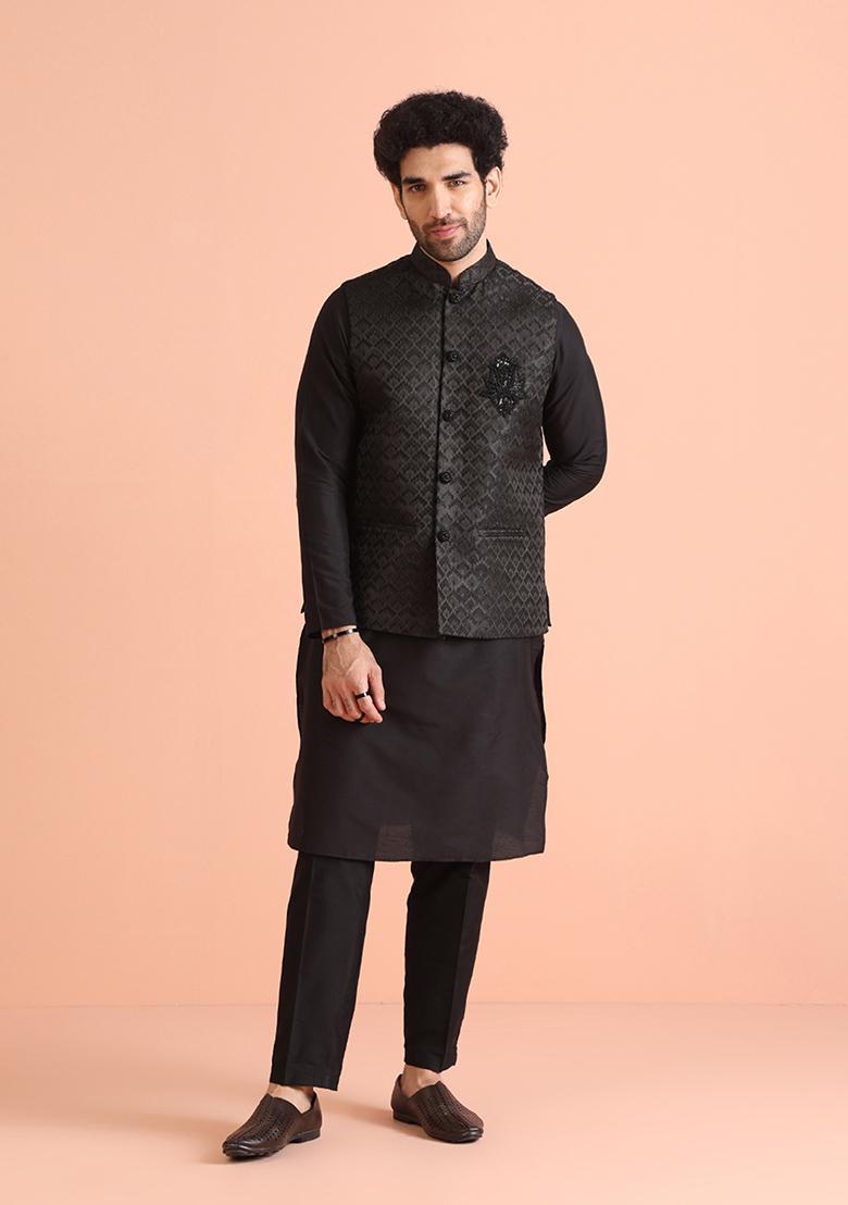 Black Woven Design Silk Blend Kurta Jacket Set