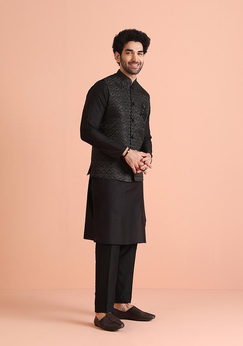 Black Woven Design Silk Blend Kurta Jacket Set - Indya
