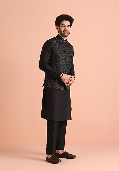 Black Woven Design Silk Blend Kurta Jacket Set