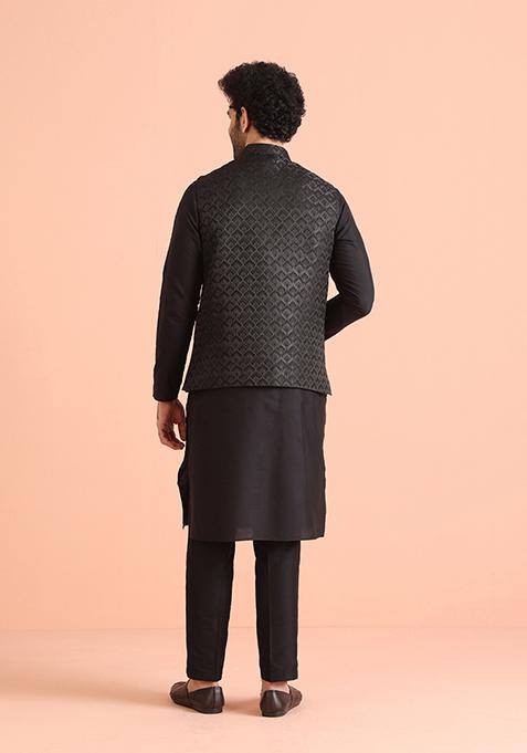 Black Woven Design Silk Blend Kurta Jacket Set