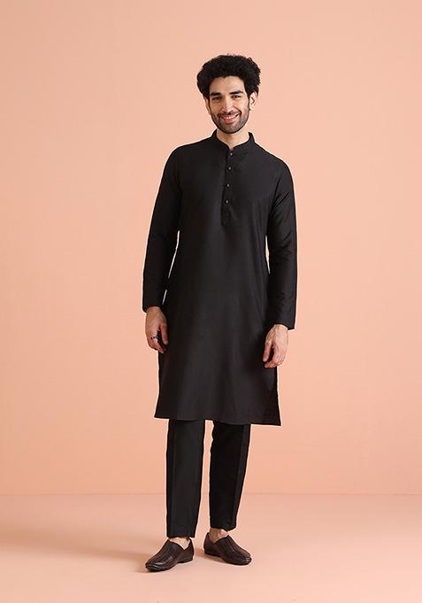 Black Woven Design Silk Blend Kurta Jacket Set