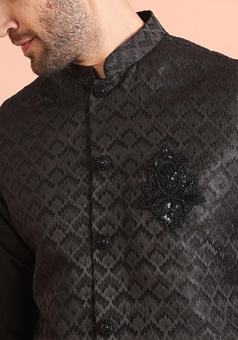 Black Woven Design Silk Blend Kurta Jacket Set