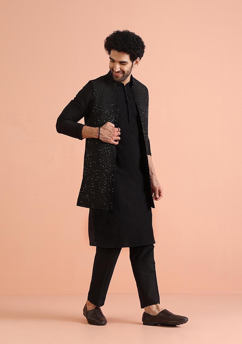 Black Embroidered Cotton Blend Kurta Jacket Set