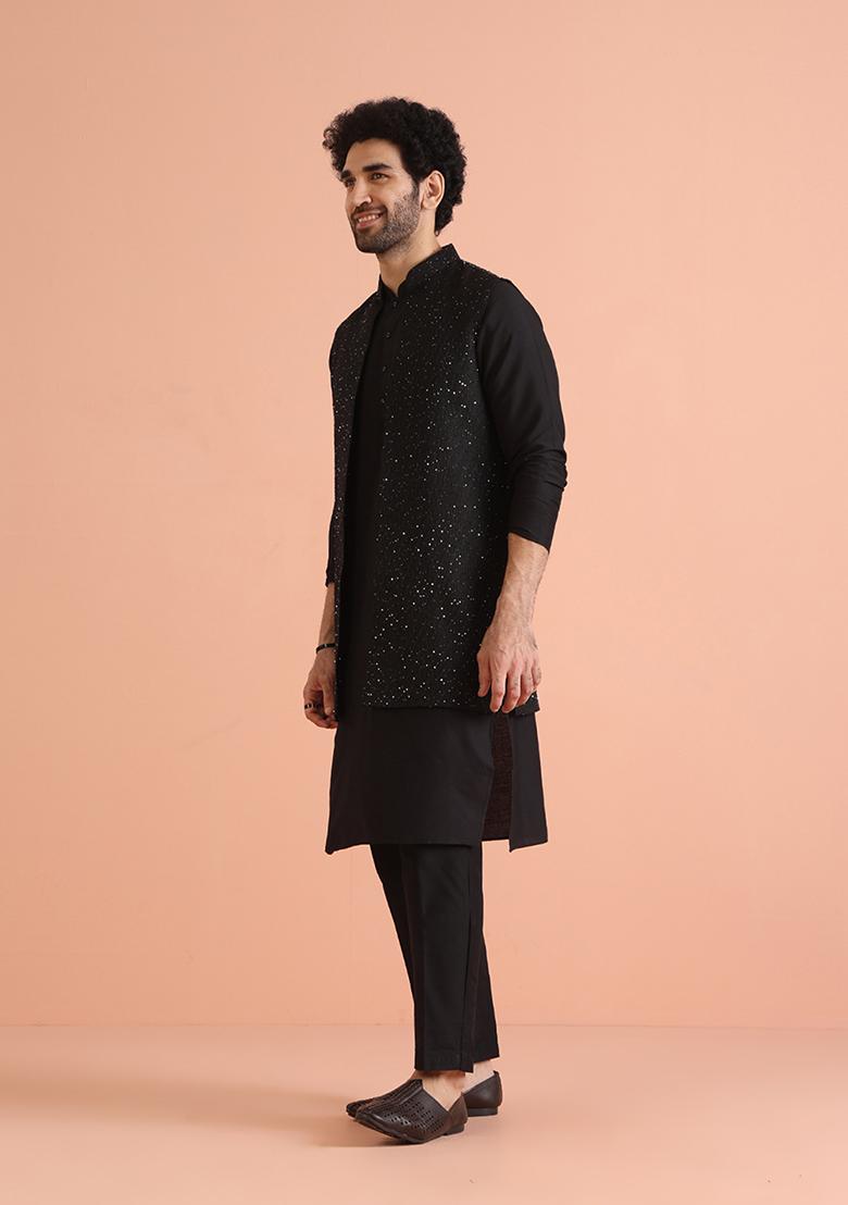 Black Embroidered Cotton Blend Kurta Jacket Set