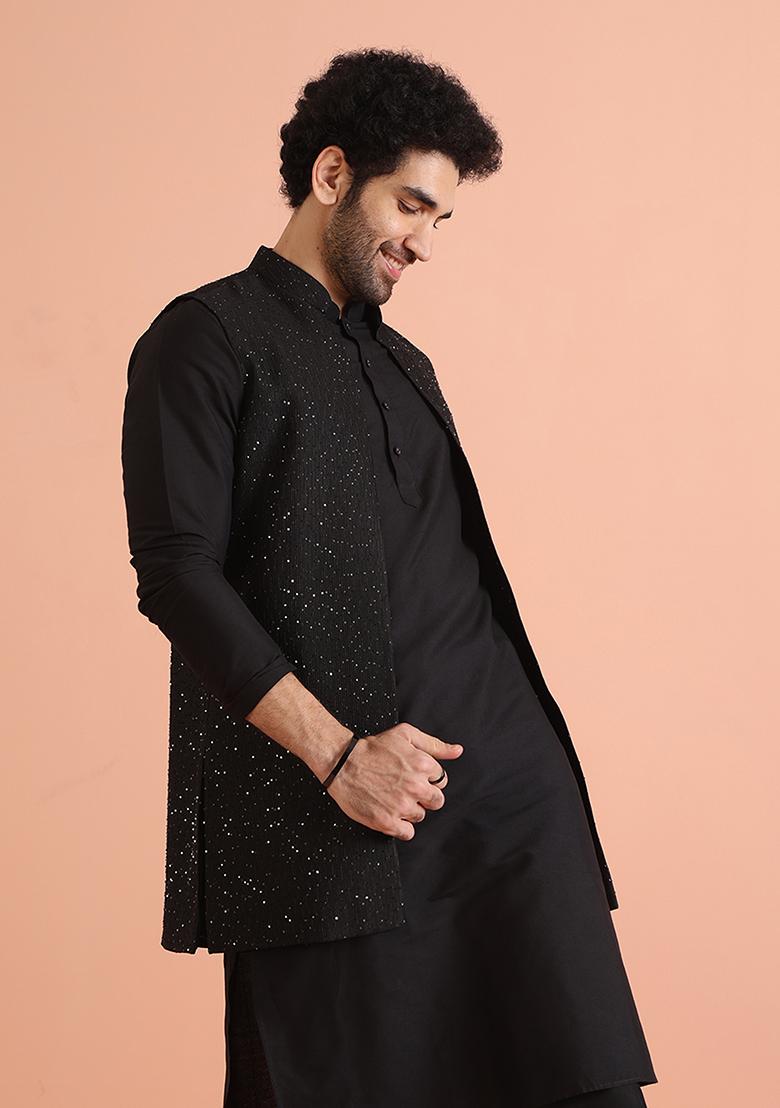 Black Embroidered Cotton Blend Kurta Jacket Set