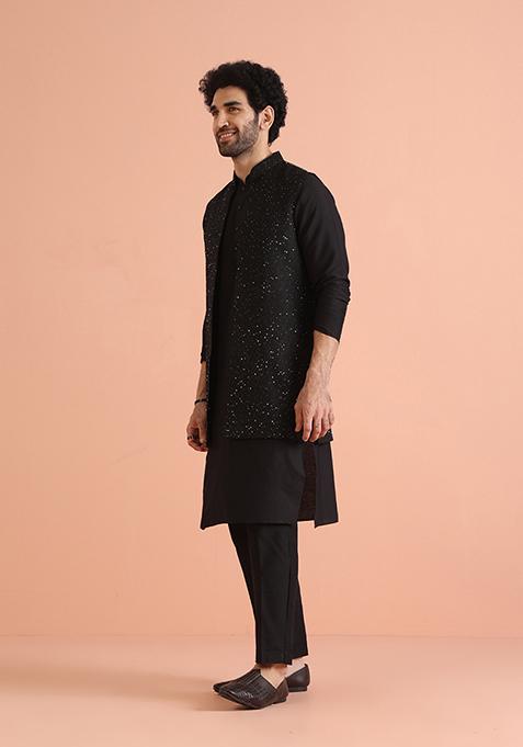 Black Embroidered Cotton Blend Kurta Jacket Set
