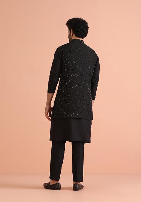 Black Embroidered Cotton Blend Kurta Jacket Set