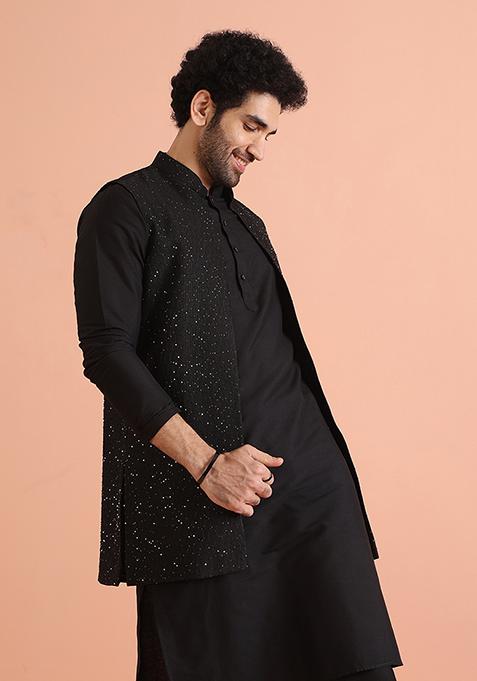 Black Embroidered Cotton Blend Kurta Jacket Set