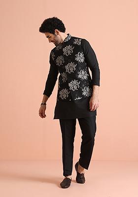 Black Embroidered Cotton Blend Kurta Jacket Set