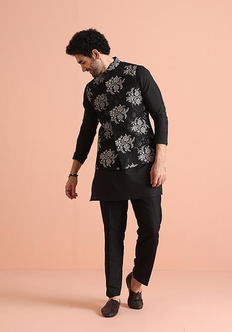 Black Embroidered Cotton Blend Kurta Jacket Set