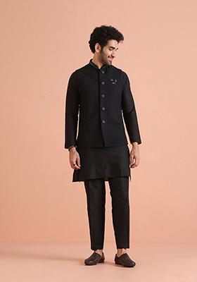 Black Embroidered Cotton Blend Kurta Jacket Set
