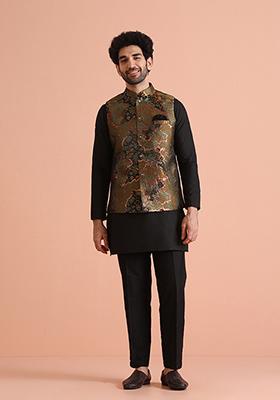 Green Woven Design Silk Blend Kurta Jacket Set