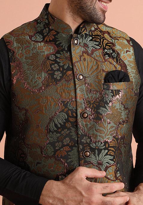 Green Woven Design Silk Blend Kurta Jacket Set