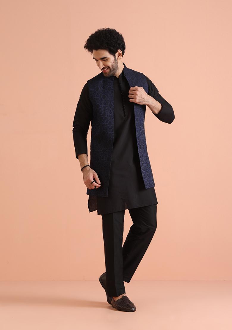 Navy Blue Woven Design Silk Blend Kurta Jacket Set