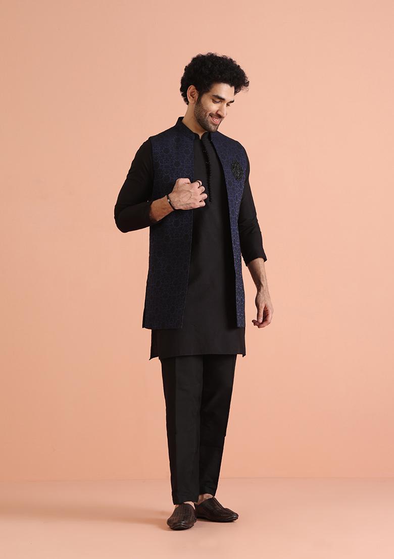 Navy Blue Woven Design Silk Blend Kurta Jacket Set