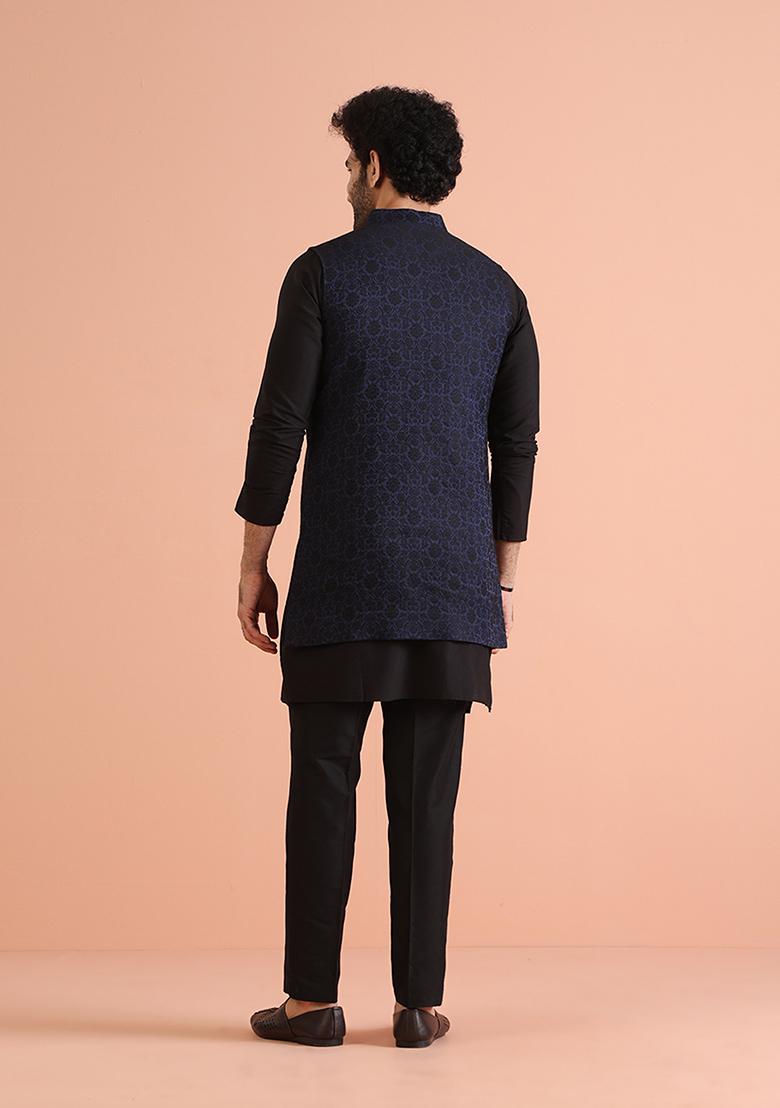 Navy Blue Woven Design Silk Blend Kurta Jacket Set