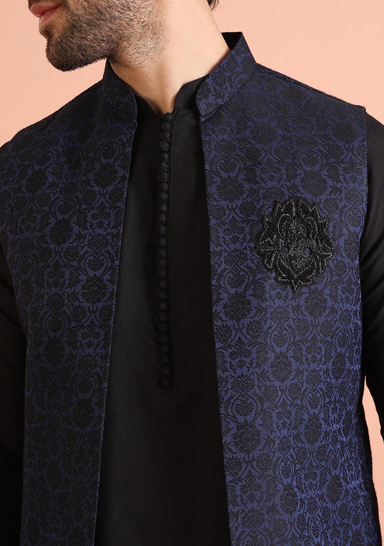 Navy Blue Woven Design Silk Blend Kurta Jacket Set