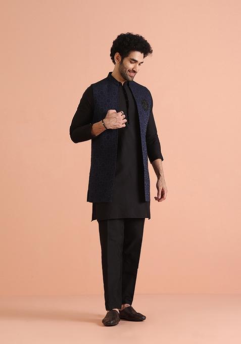 Navy Blue Woven Design Silk Blend Kurta Jacket Set