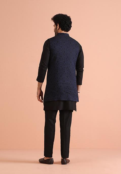 Navy Blue Woven Design Silk Blend Kurta Jacket Set