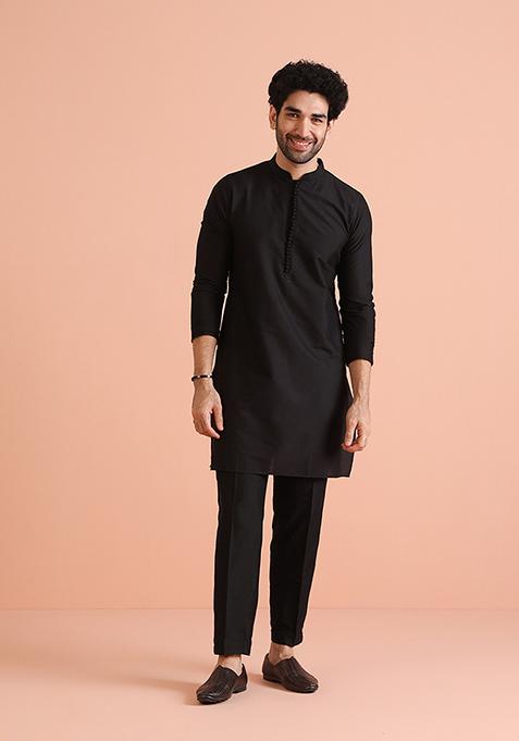 Navy Blue Woven Design Silk Blend Kurta Jacket Set