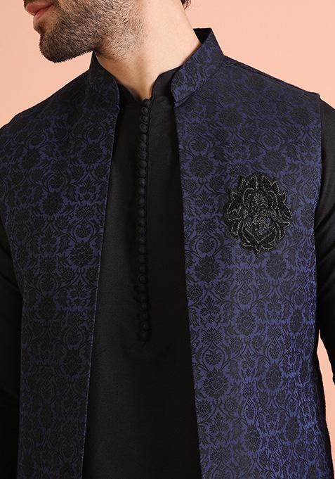 Navy Blue Woven Design Silk Blend Kurta Jacket Set