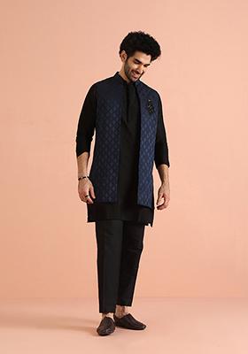 Navy Blue Self Design Silk Blend Kurta Jacket Set