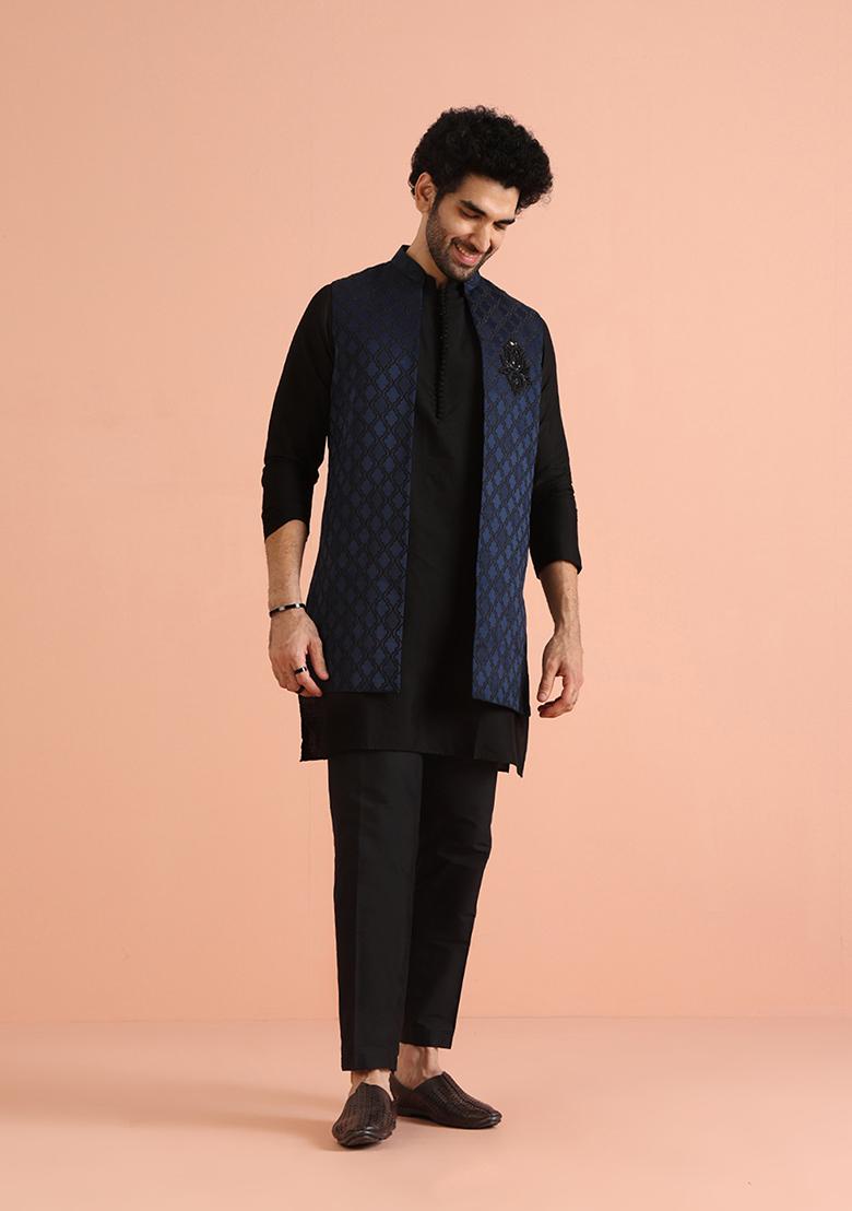 Navy Blue Self Design Silk Blend Kurta Jacket Set