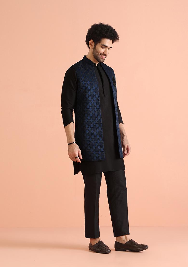Navy Blue Self Design Silk Blend Kurta Jacket Set