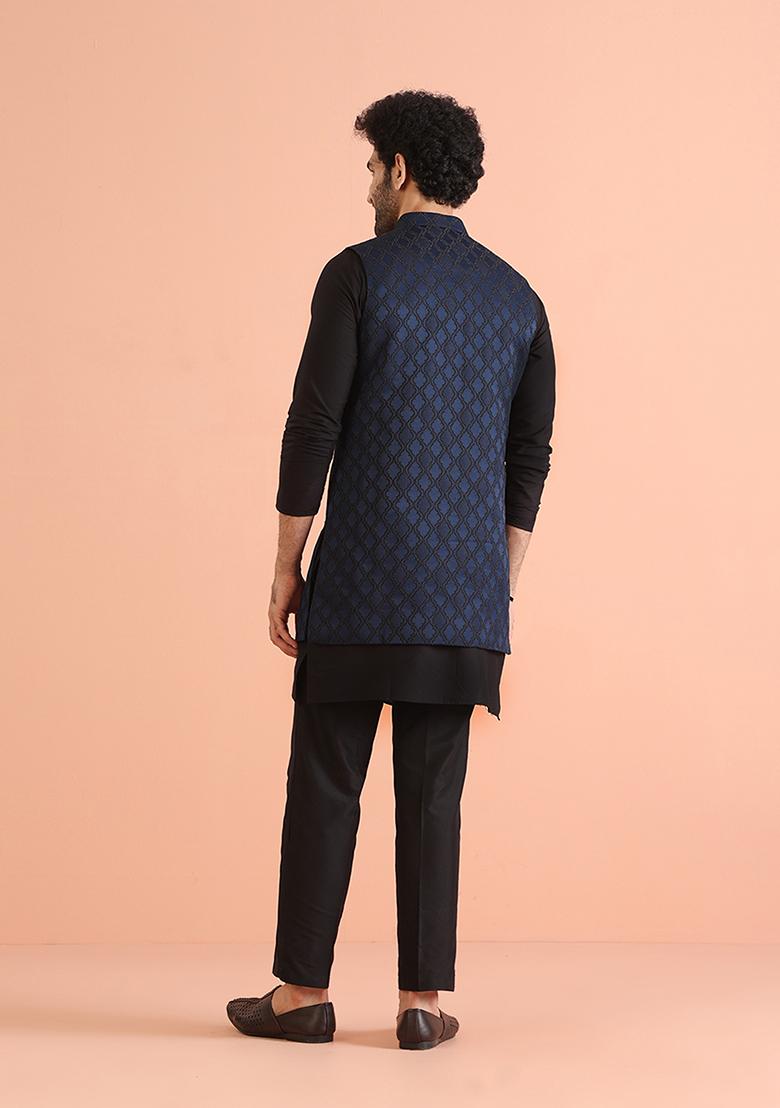 Navy Blue Self Design Silk Blend Kurta Jacket Set