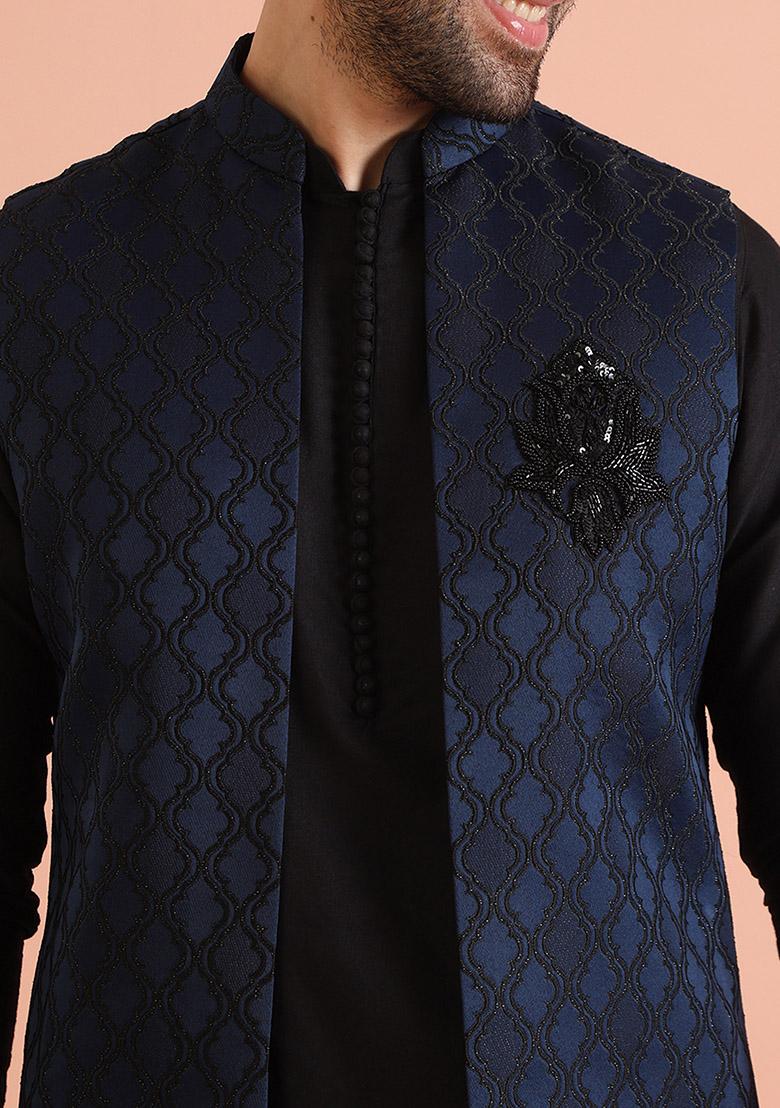 Navy Blue Self Design Silk Blend Kurta Jacket Set
