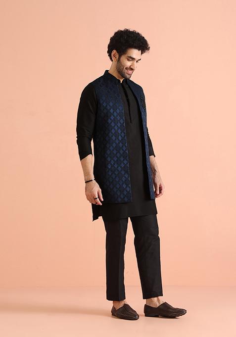Navy Blue Self Design Silk Blend Kurta Jacket Set