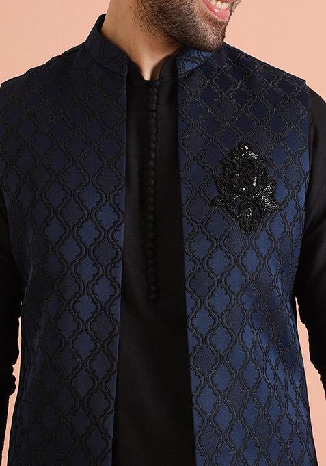 Navy Blue Self Design Silk Blend Kurta Jacket Set
