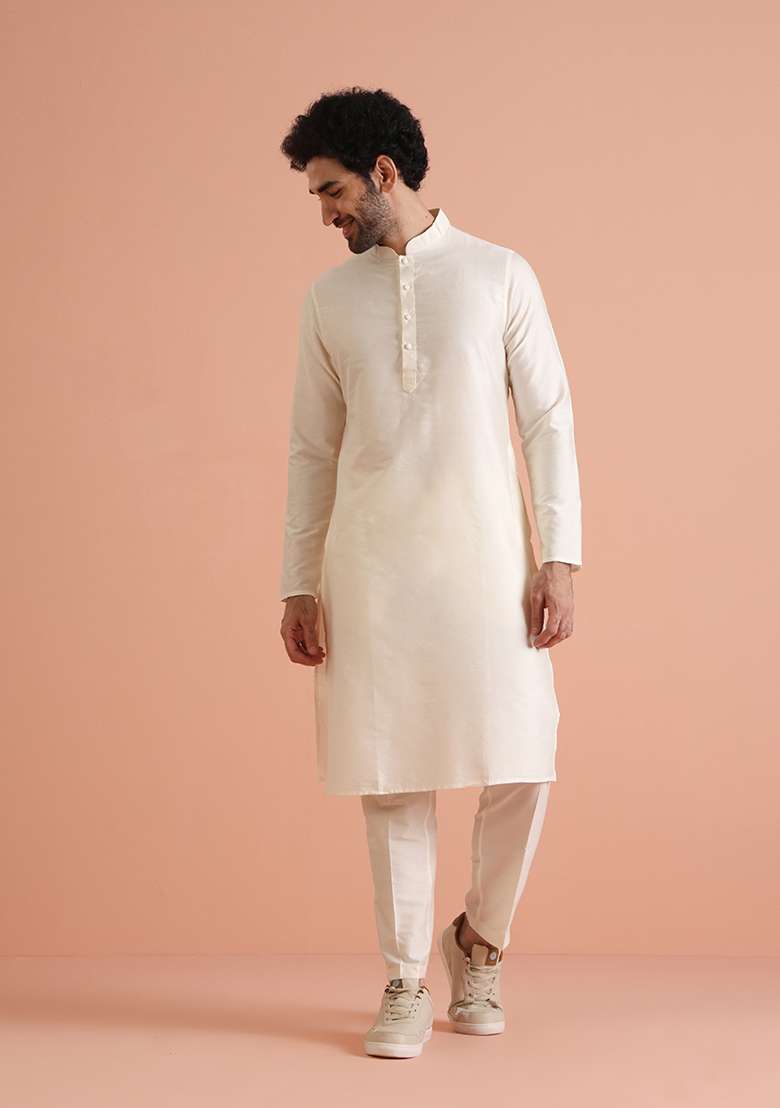 Off White Solid Cotton Blend Kurta Set - Indya
