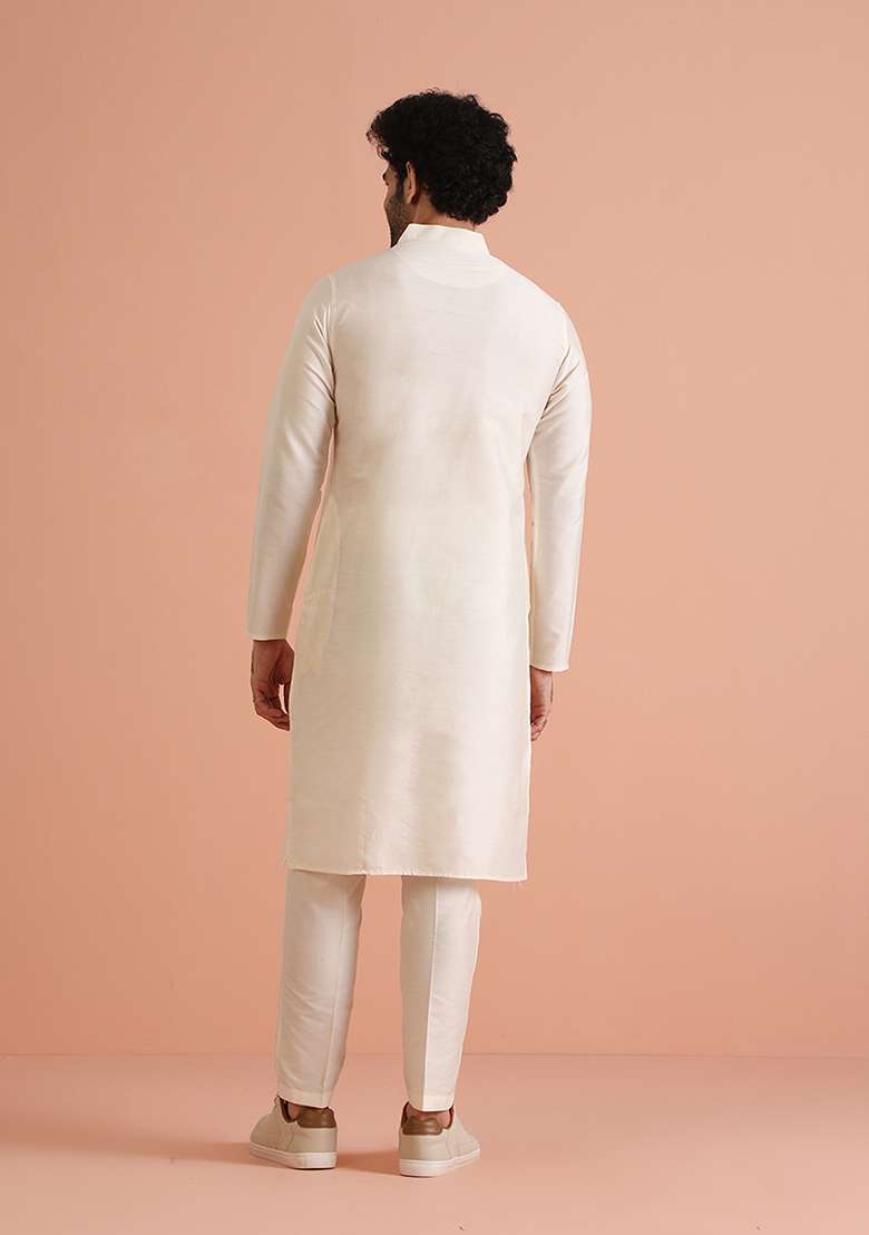 Off White Solid Cotton Blend Kurta Set - Indya