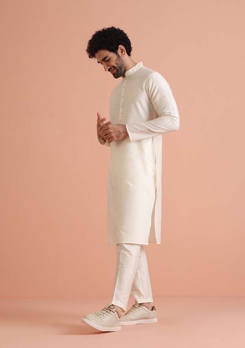 Off White Solid Cotton Blend Kurta Set - Indya