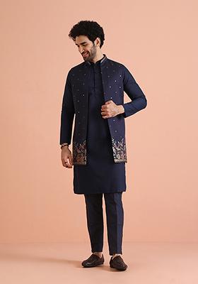 Navy Blue Embroidered Cotton Blend Kurta Jacket Set