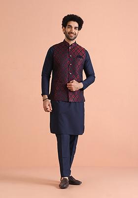 Navy Blue Woven Design Silk Blend Kurta Jacket Set