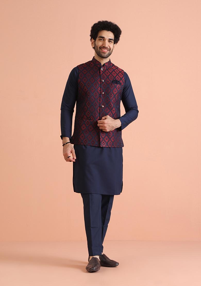 Navy Blue Woven Design Silk Blend Kurta Jacket Set