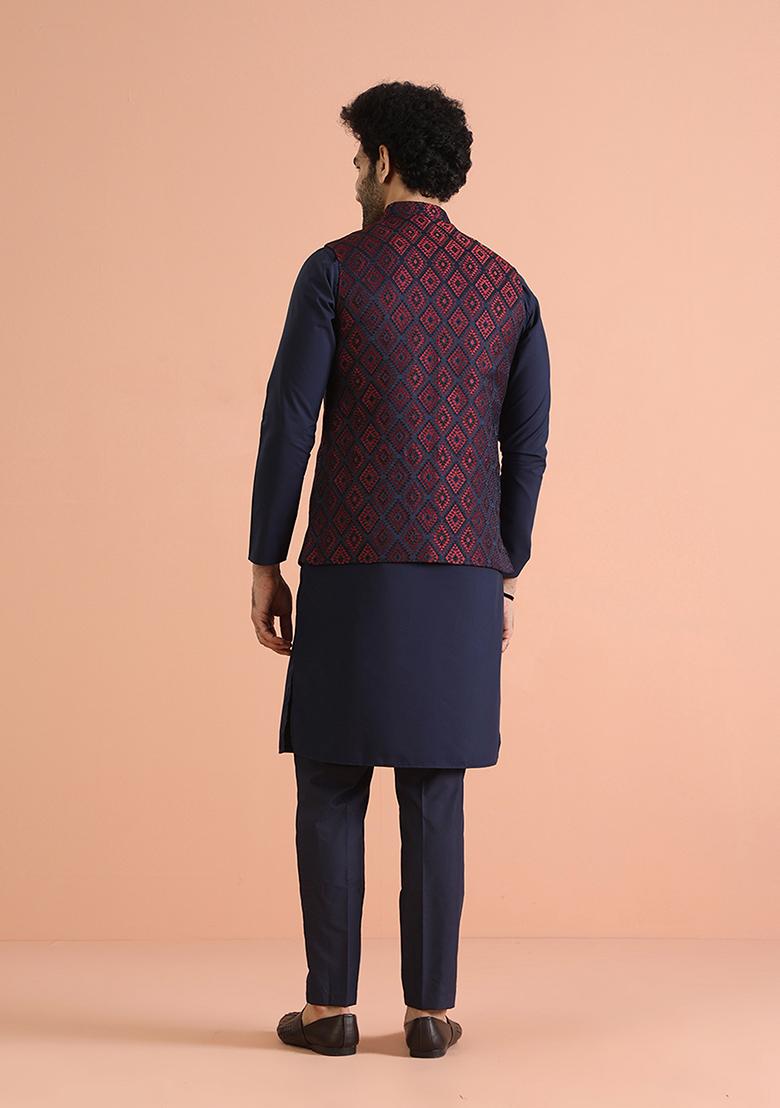 Navy Blue Woven Design Silk Blend Kurta Jacket Set