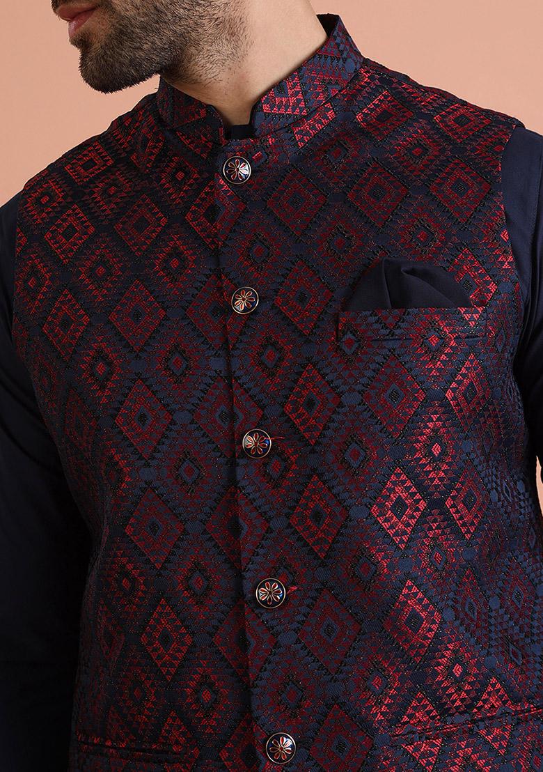 Navy Blue Woven Design Silk Blend Kurta Jacket Set