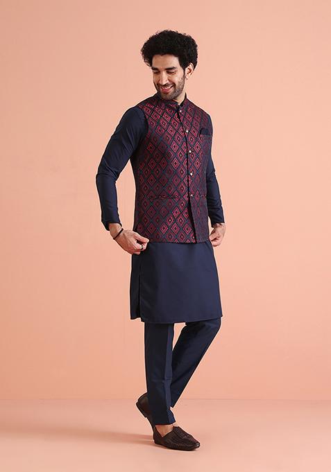 Navy Blue Woven Design Silk Blend Kurta Jacket Set